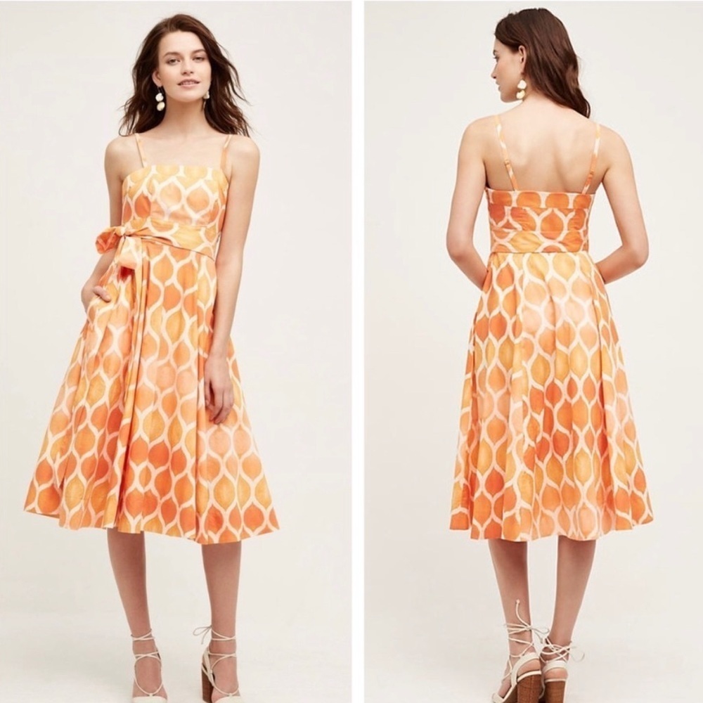 NEW Anthropologie Maeve Orange Freya Poplin Midi Dress Tie Belt size 2